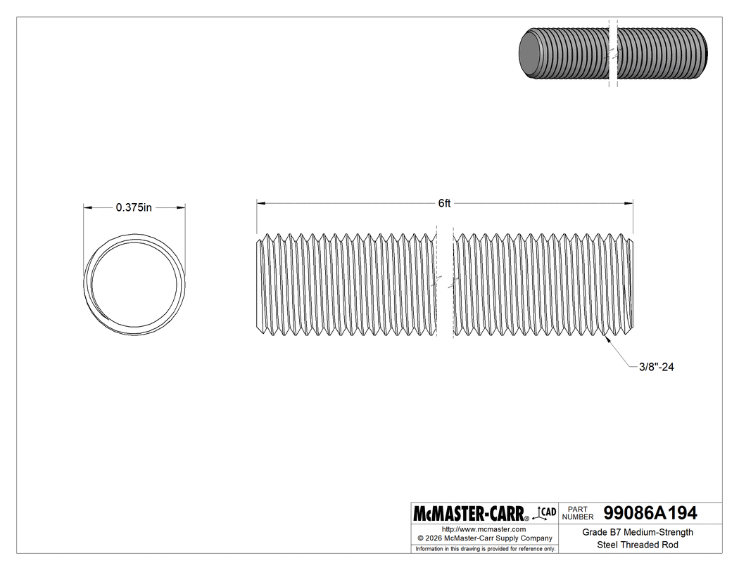 Technical Drawing of Grade B7 Medium-Strength Steel Threaded Rod, Zinc Yellow-Chromate Plated, 3/8"-24 Thread Size, 6 Feet Long.